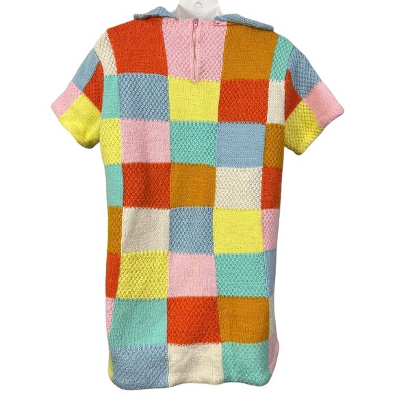 Vintage Peterpan Collar Brady Bunch Groovy Checkered Sweater 70s Patchwork M - Picture 14 of 14